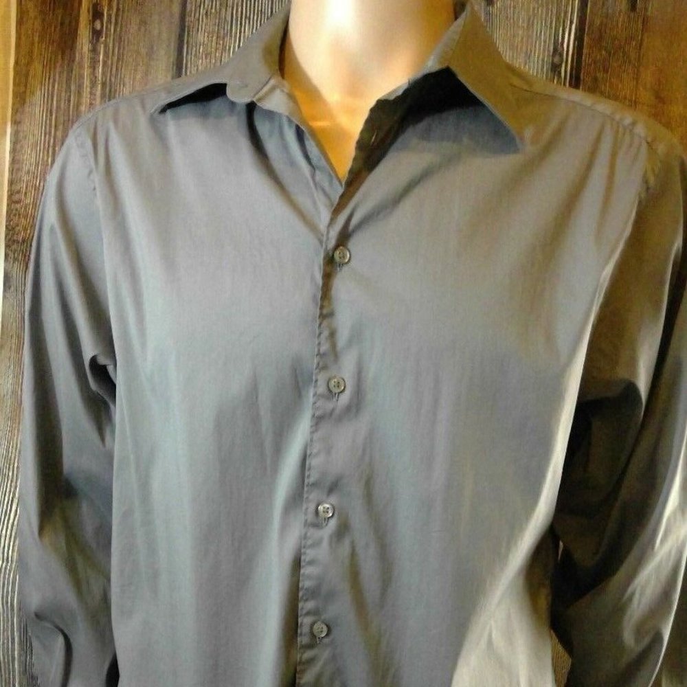 Material London Men's Gray Dress Shirt L 16 34/35 Stretch Button Up